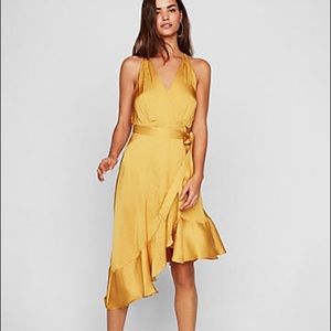 Express ruffle wrap front midi dress - yellow